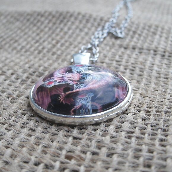 Red Dragon & Celtic Cross Glass Cabochon Pendant Necklace - Picture 6 of 12